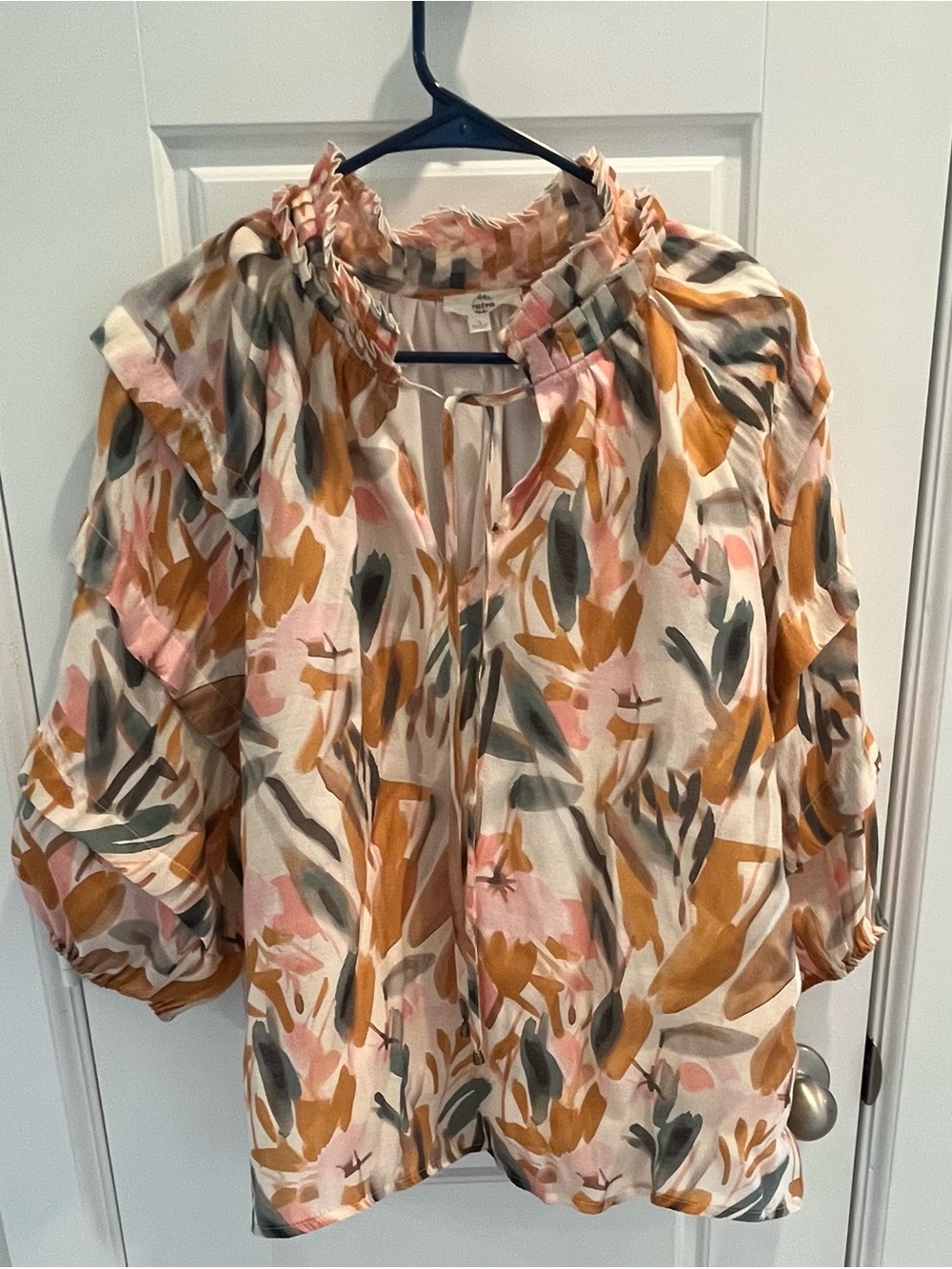 entro Abstract Floral Ruffle-Neck Blouse in Pink, Tan & Olive